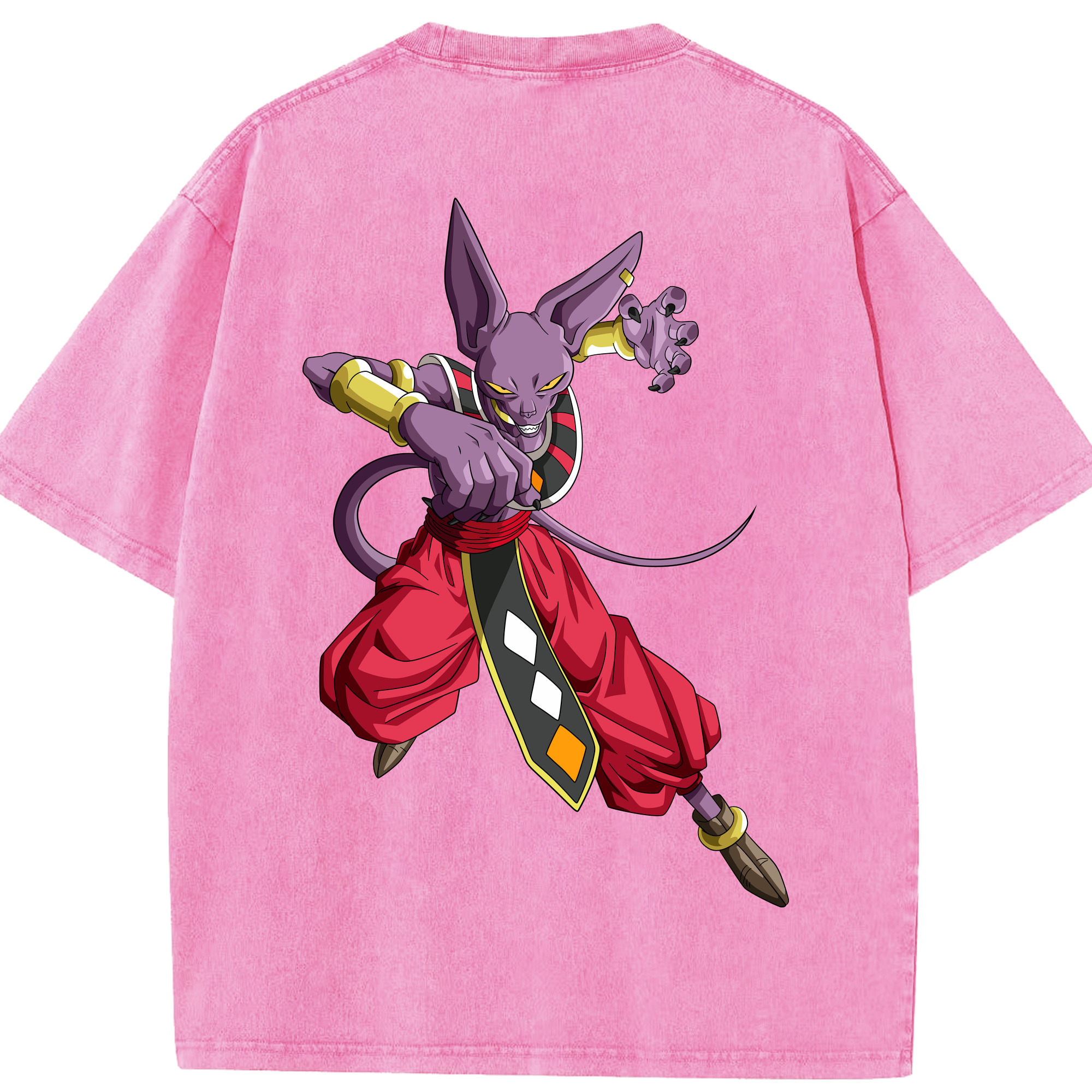 （画像用） ドラゴンボール ビルス 破壊神ビルス DRAGON BALL Beerus Birusu 綿100% ヴィンテージ風 半袖Tシャツ（背面プリント）